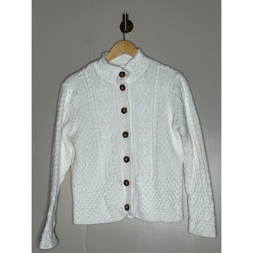 Talbots White Cable Knit Cardigan Sweater Cotton Blend Size Large